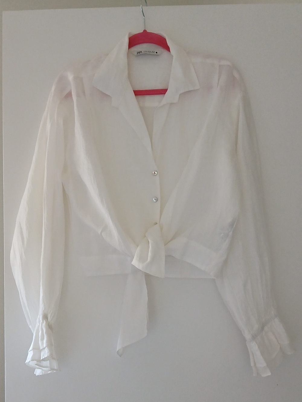 Zara White Tie-Front Sheer Button Blouse